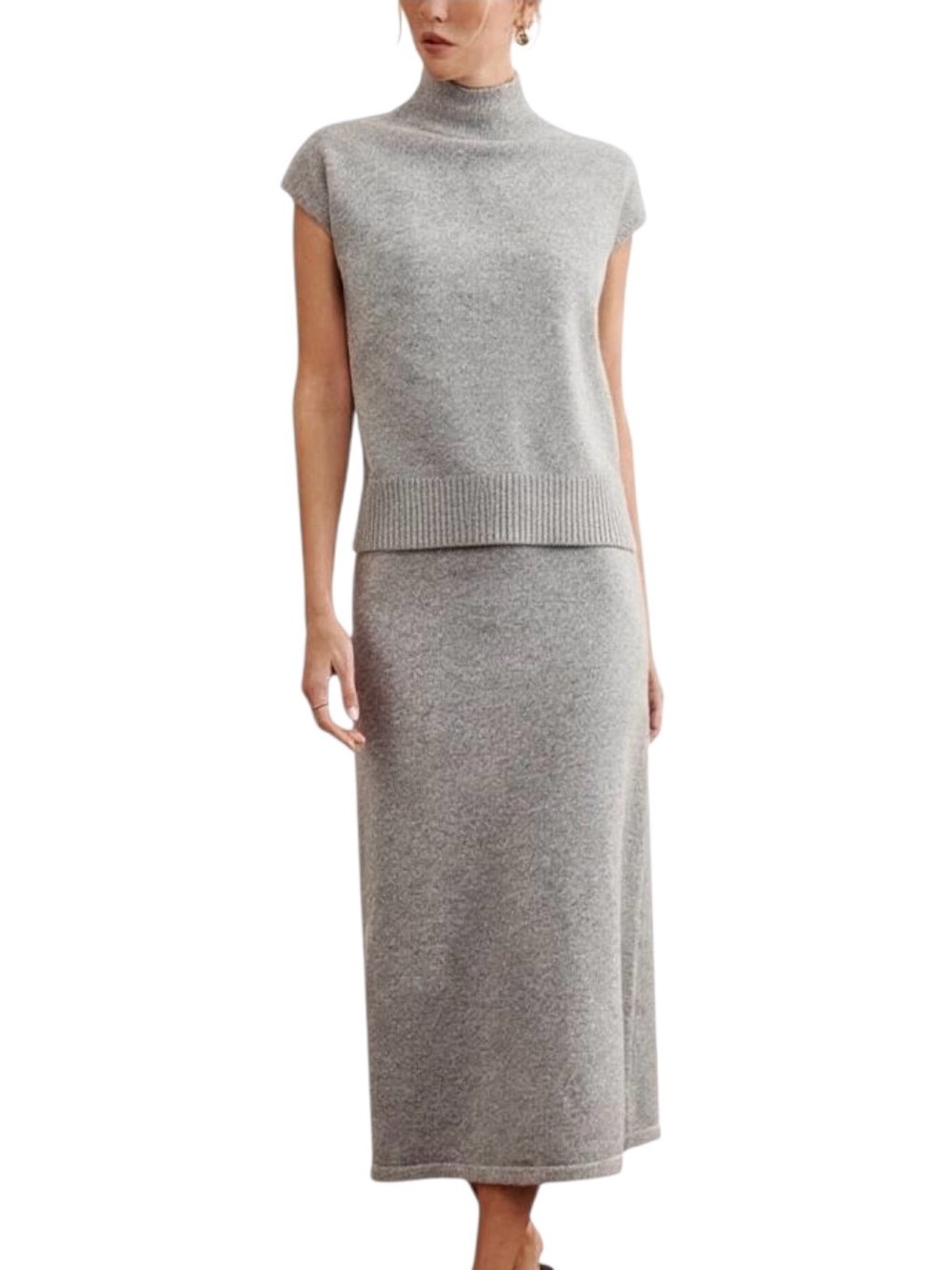 Commense Set Gray Mock Neck Knit Top Midi Skirt Medium NWT